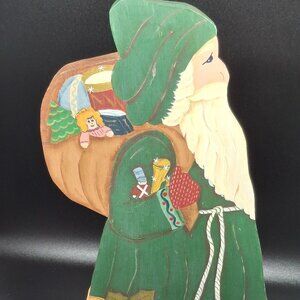Vintage American Tole Painted Santa 11 1/2 in Tall Wood Artist Signed